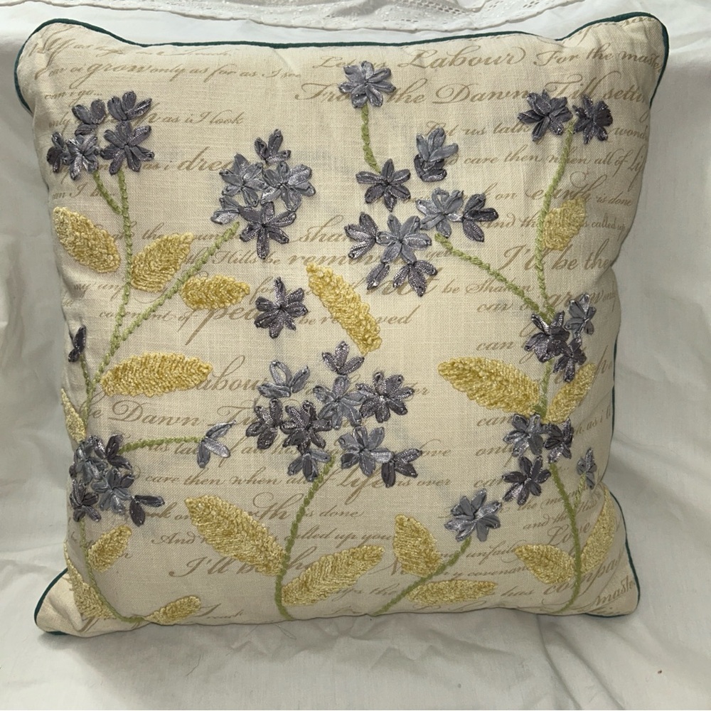 Pier 1 Floral Embroidered & Embellished Ivory Floral Throw Pillow 18”